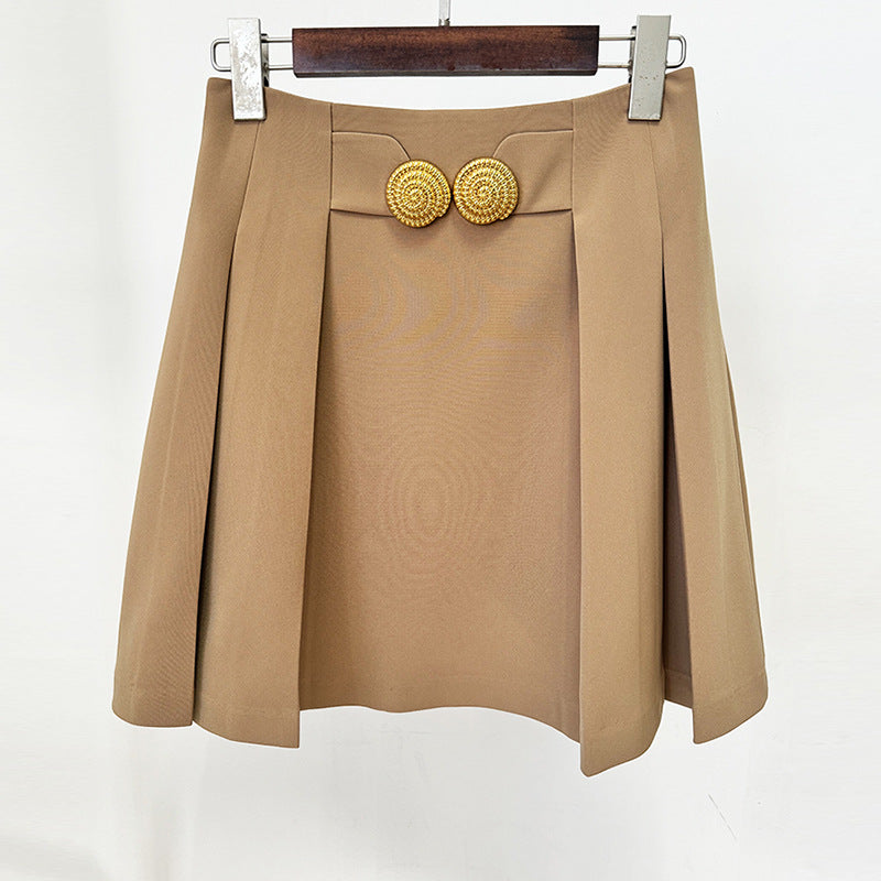 Fashion Large Metal Buckle Decorative Pleated Skirts