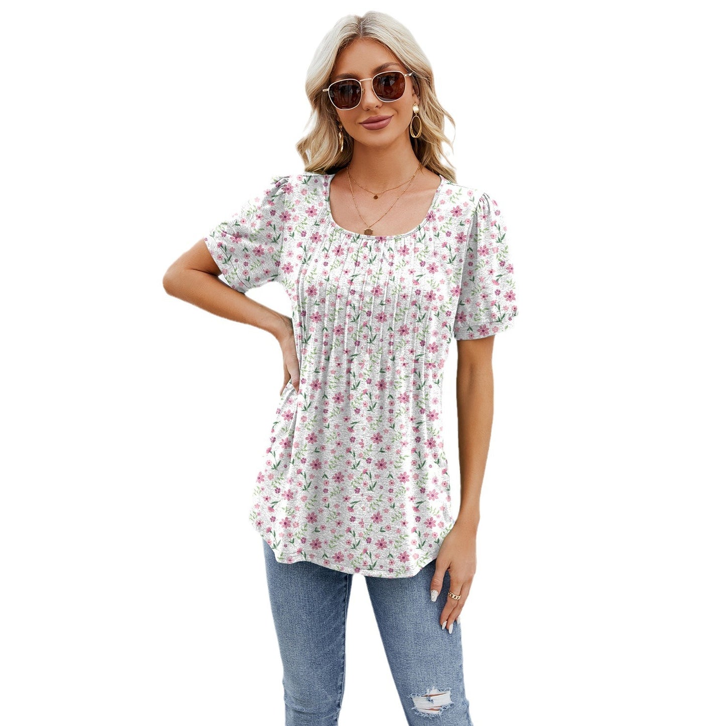 Women's Round Neck Strip Loose Sleeve T-shirt Tops
