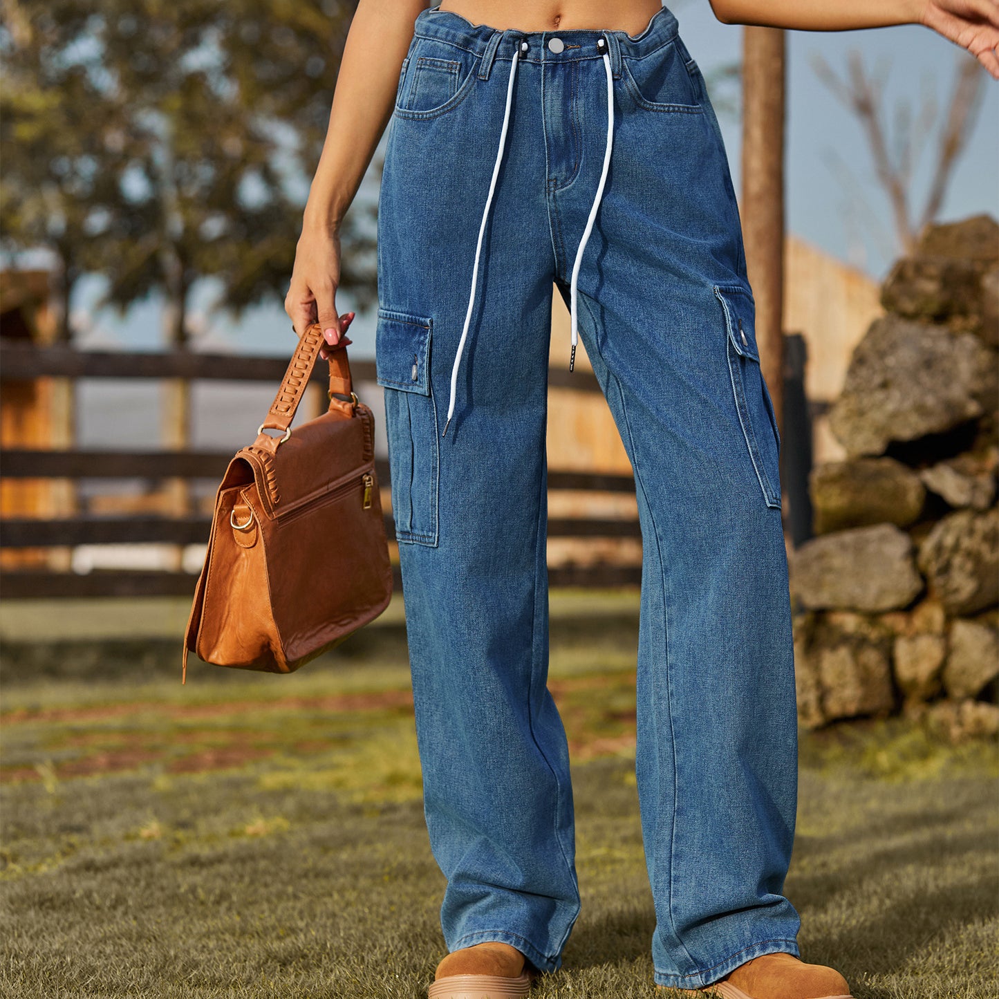 Women's Denim Drawstring Adjustable Washed Cargo Trousers Jeans