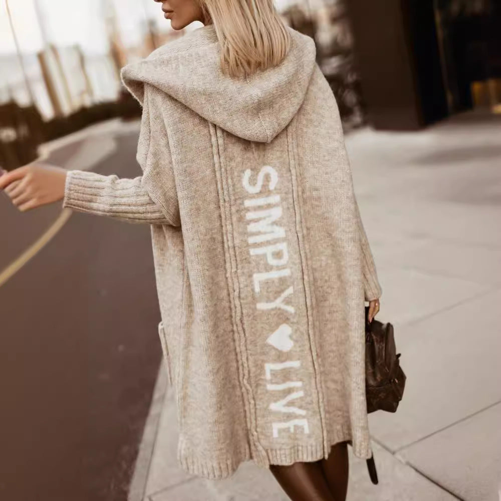 Women's Hooded Long Letter Wool Loose Knitted Sweaters