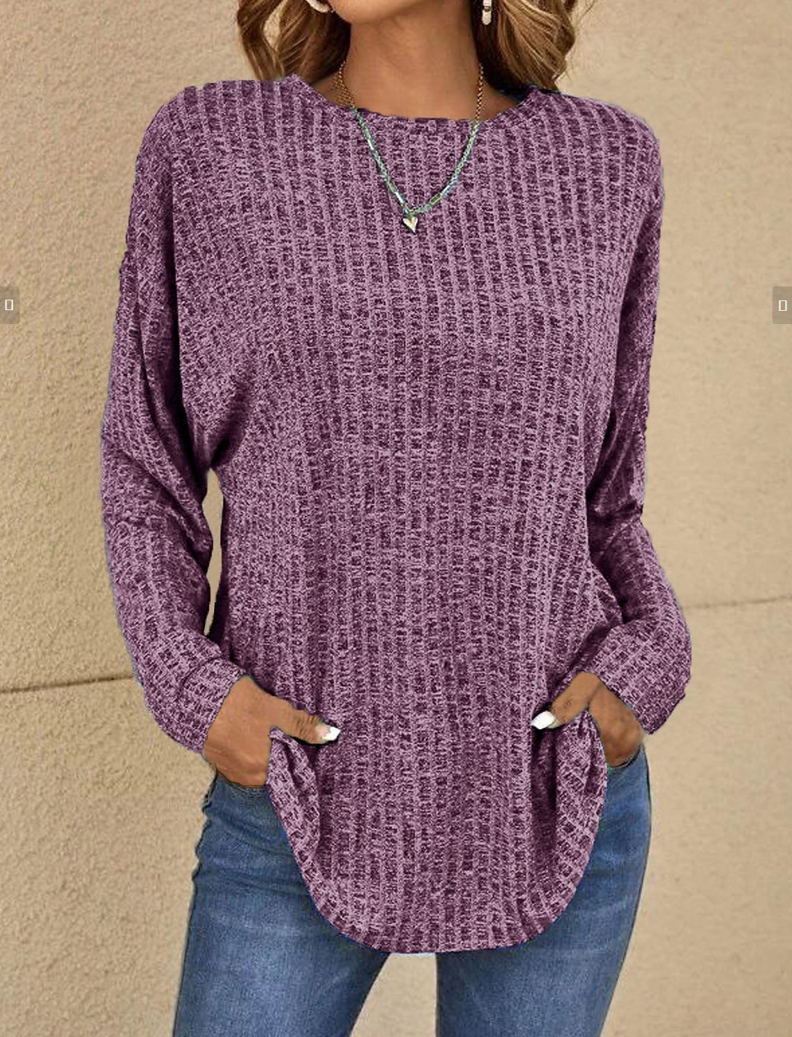Women's Long Sleeve Round Neck Sunken Stripe Blouses