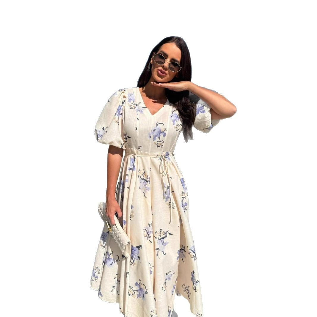 Women's Sleeve Printed Lace Up Large Swing Dresses