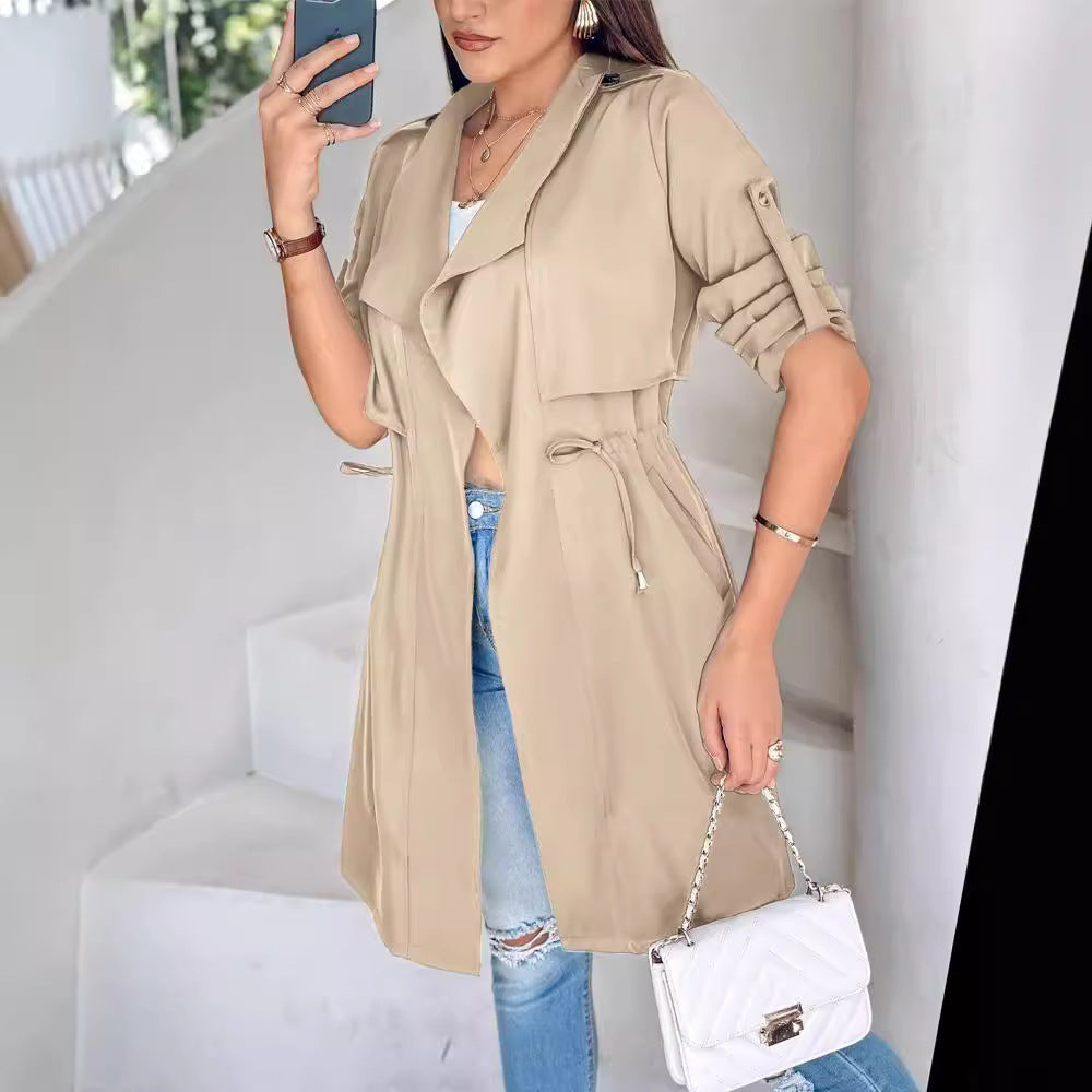 Women's Loose Solid Color Rolled Sleeves Mid-length Coats