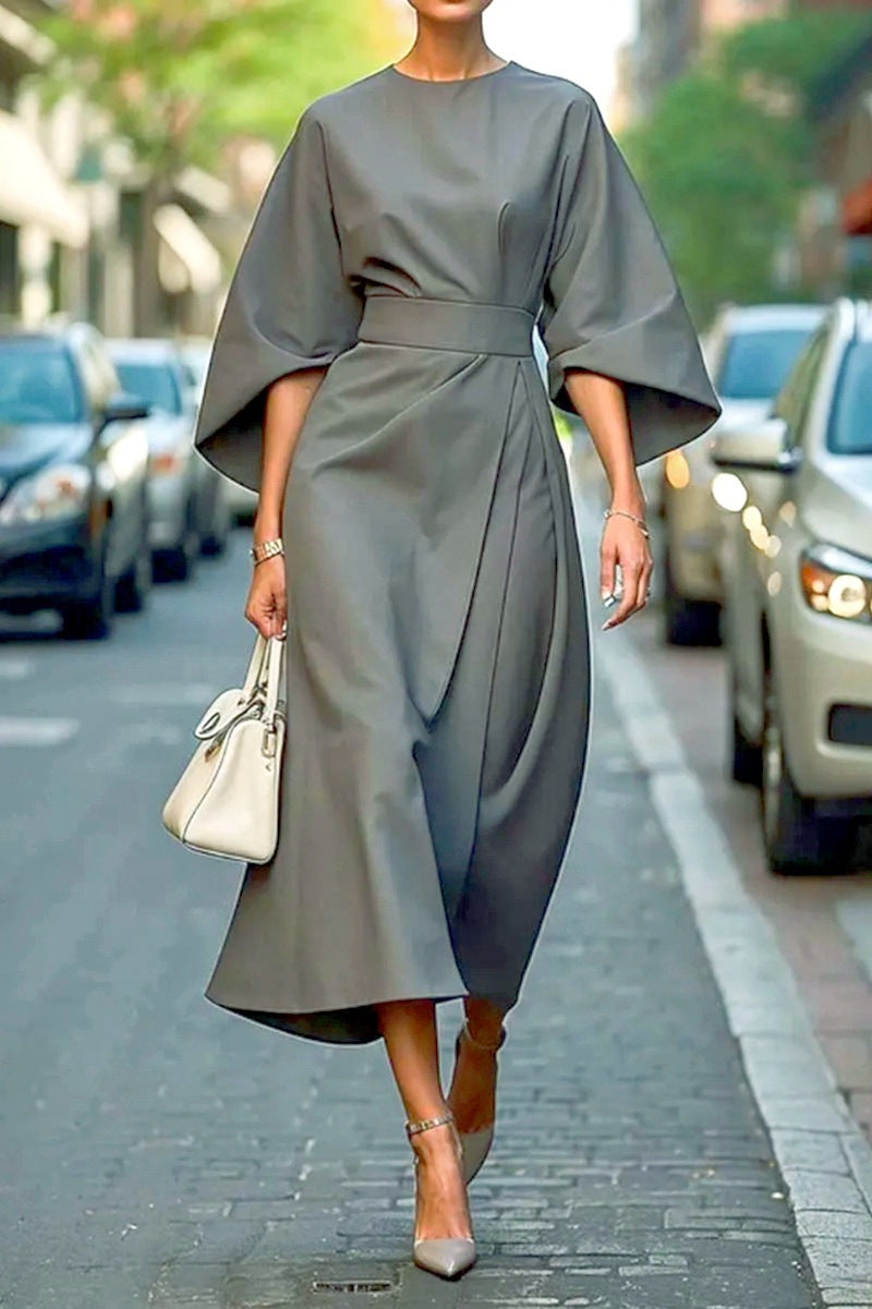Women's Fashion Elegant Solid Color Waist Tight Casual Dolman Sleeve Dress
