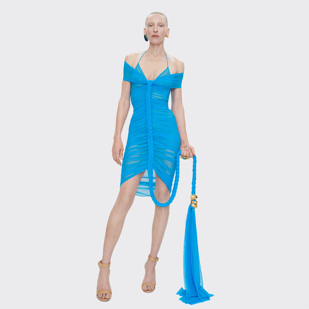 Sexy Halter Card Shoulder Tight Dress Long Dresses