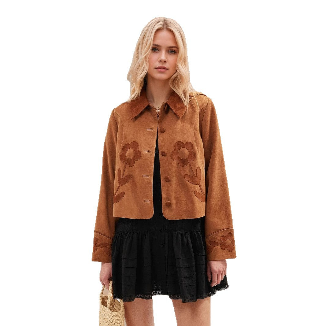 Retro Suede Flower Exquisite Decoration Embellished Lapel Coats