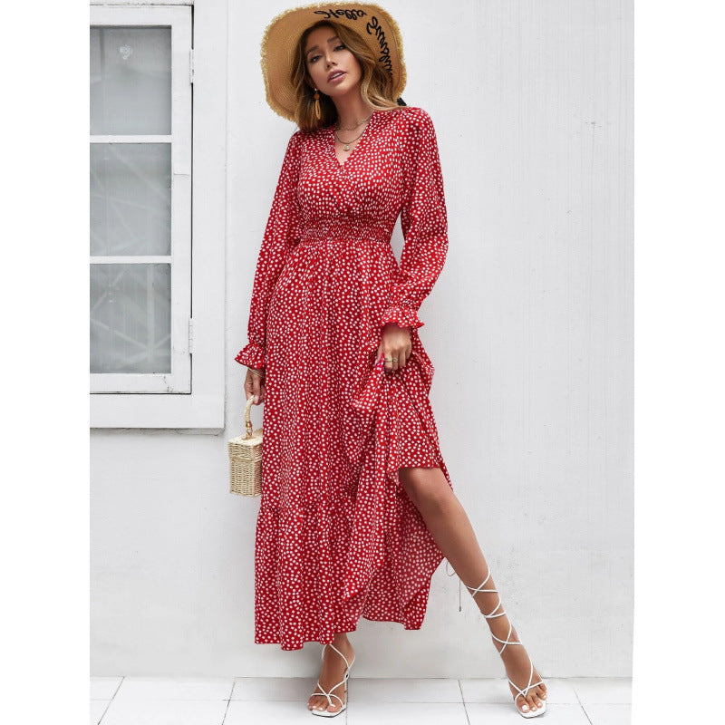 Women's Bohemian Style Floral Elastic Waisted Ruffled Dresses