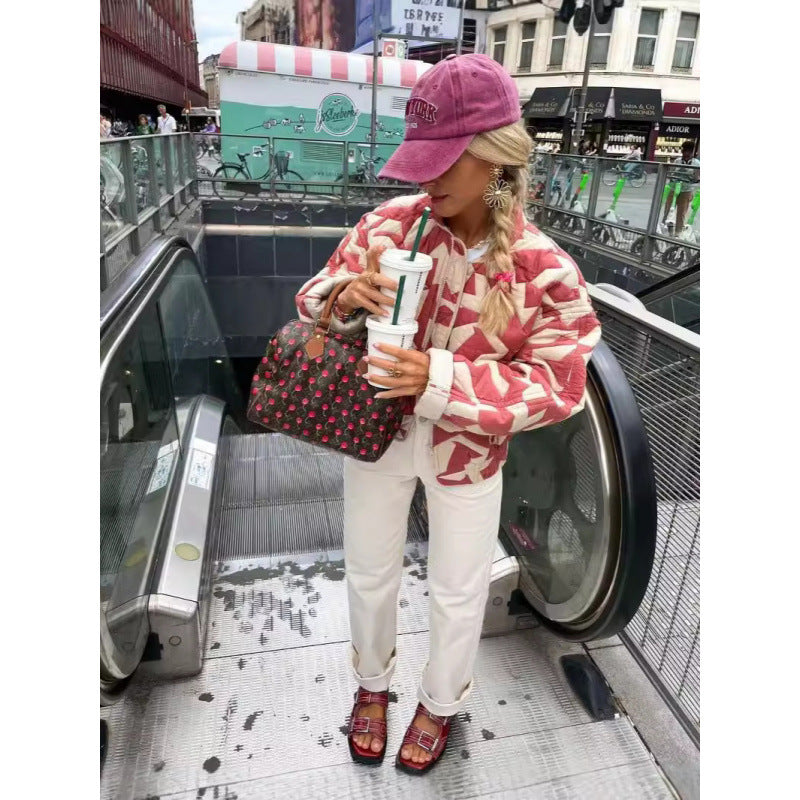 Women's Quilted Printed Zipper Loose Embossed Cotton Coats