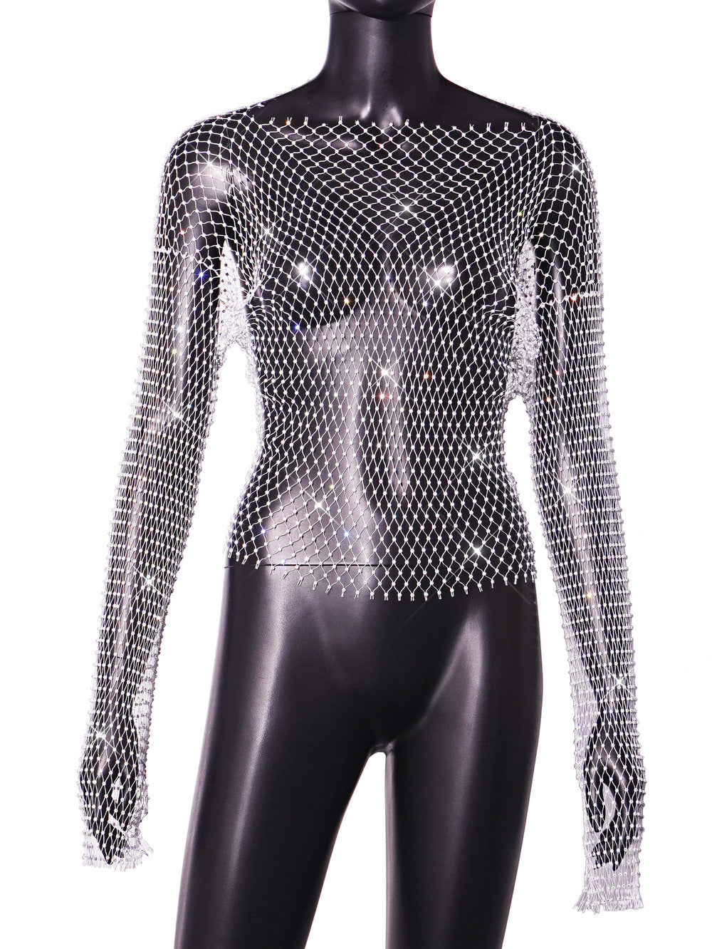 Women's Transparent Sexy Nightclub Grid Rhinestone Round Neck Blouses