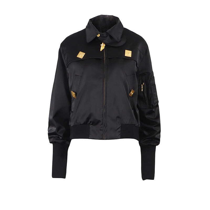 Women's Metal Stitching Decorations Long Sleeve Stand Collar Jackets