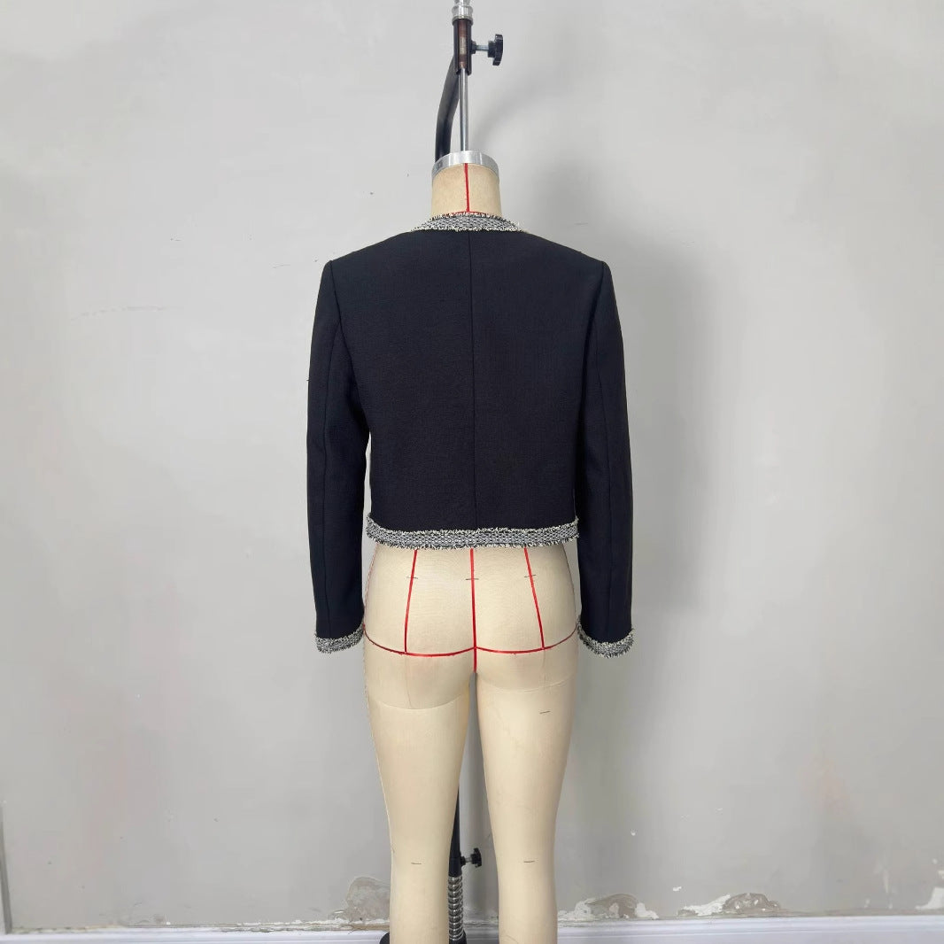 Women's Round Neck Multicolor Trim Design Classic Coats