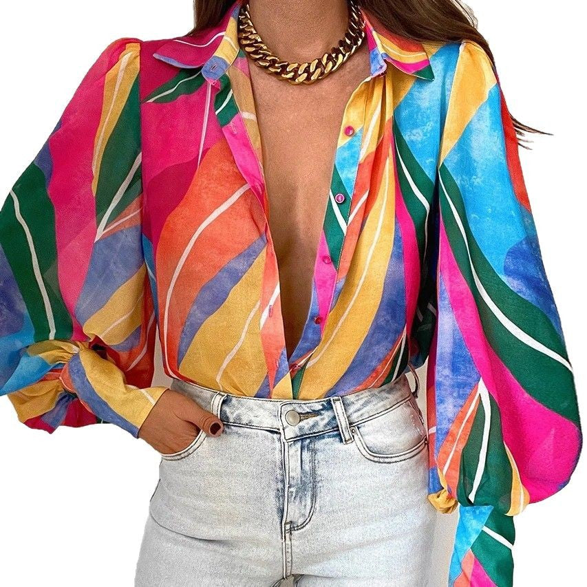 Women's Sleeve Printed Shirt Spring Single-breasted Temperament Cardigans