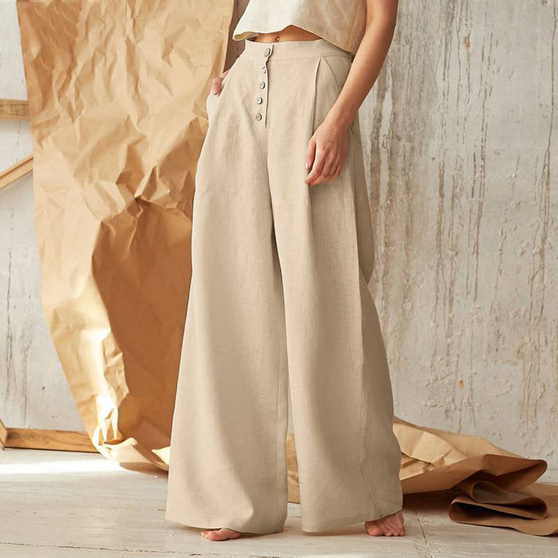 Women's High Waist Casual Button Cotton Linen Pants