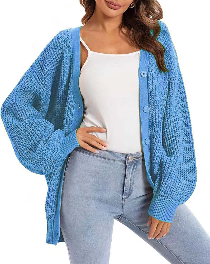 Lantern Sleeve Knitted Female Single Breasted Sweaters