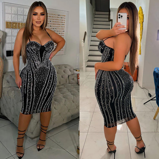 Women's Fashion Wear Solid Color Sexy Mesh Rhinestone Dresses