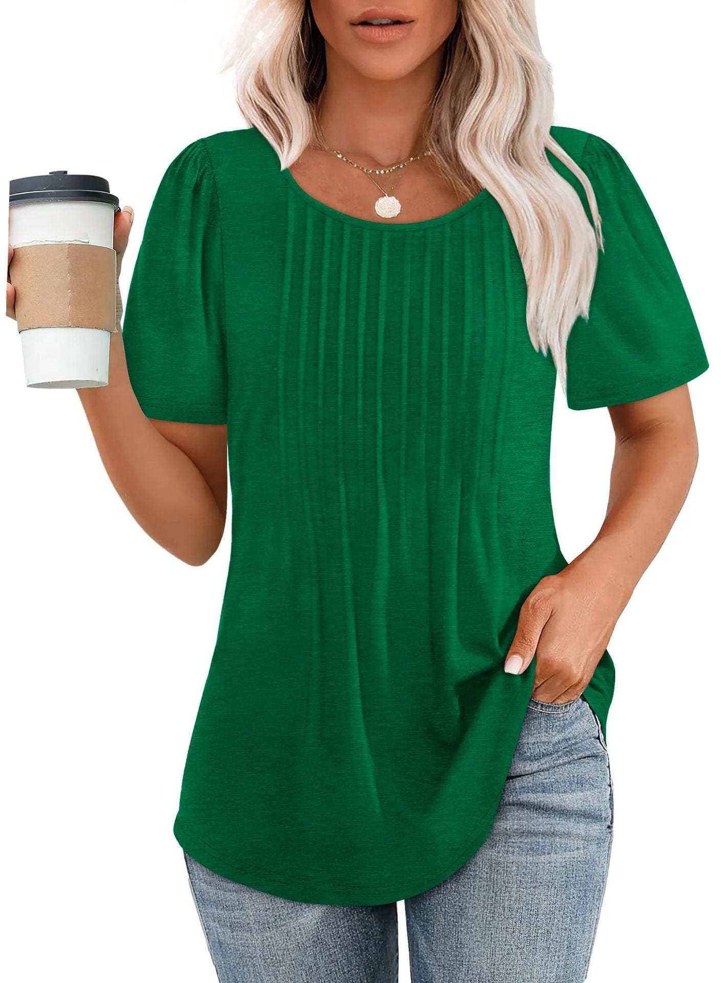 Women's Loose Pleated Round Neck Sleeve T-shirt Stripes Blouses
