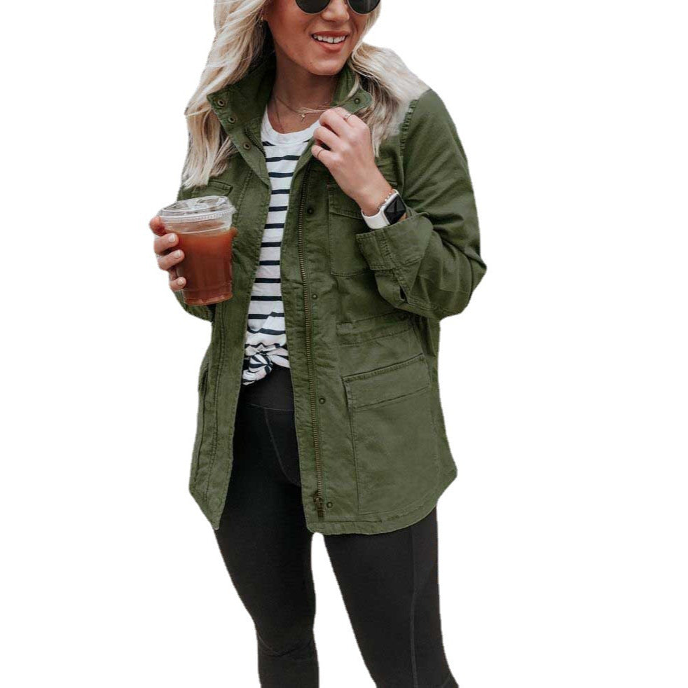 Russian Loose Solid Color Zipper Pocket Jackets