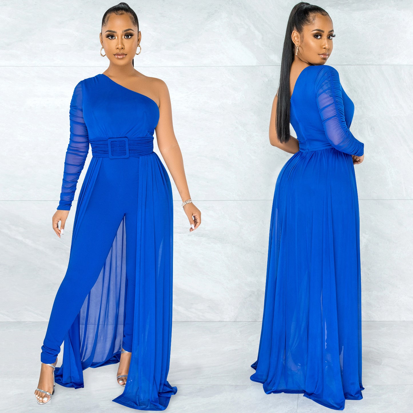 Women's Color Sexy Mesh Diagonal Collar Long-sleeved Pants