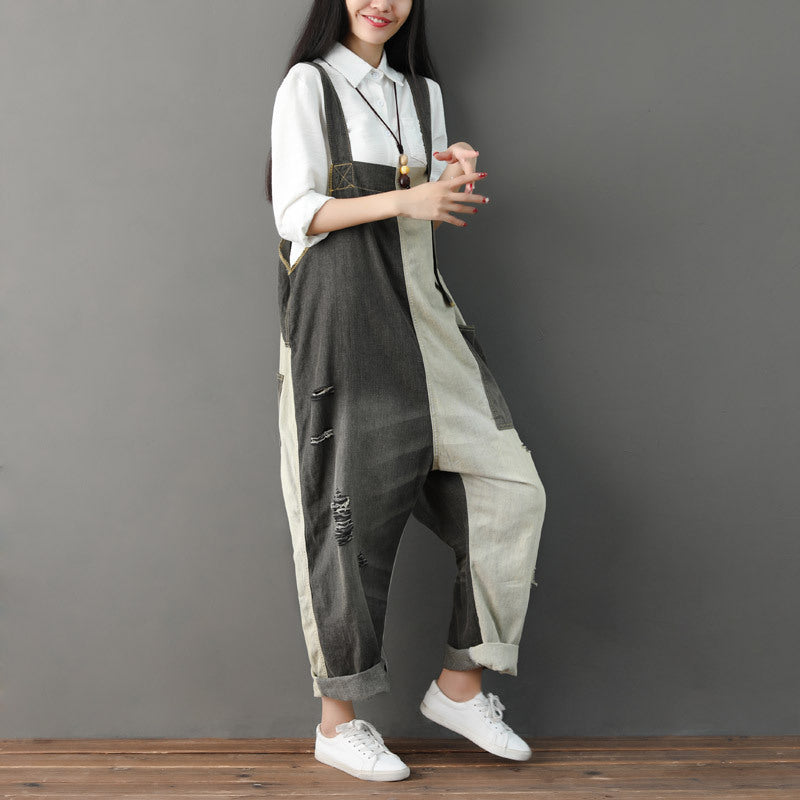 Worn Color Matching Ripped Female Overalls Jeans