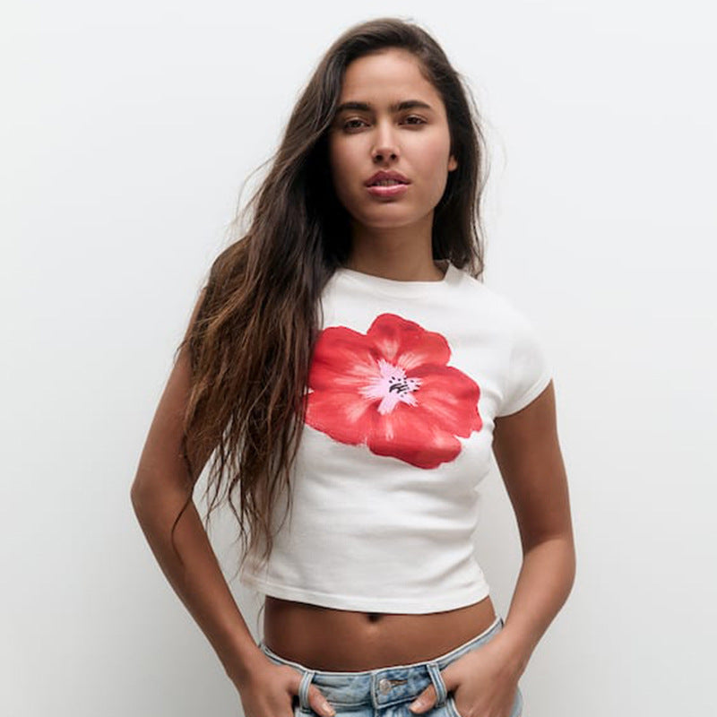 Women's Street Fashion Print Round Neck Short-sleeved Blouses