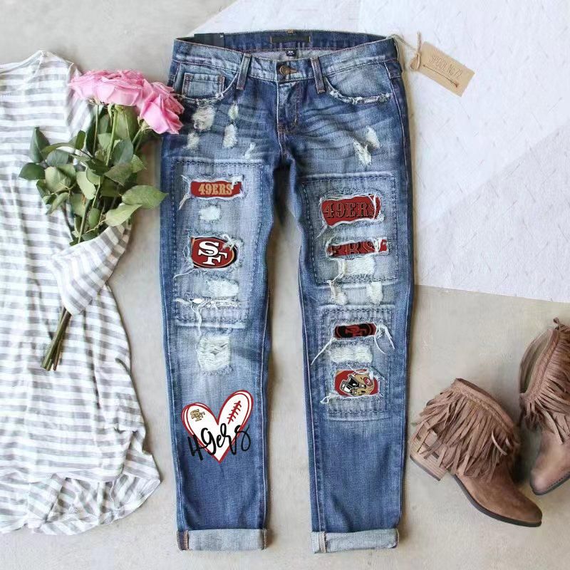 Women's Innovative Fashion Printing Hole Straight Jeans
