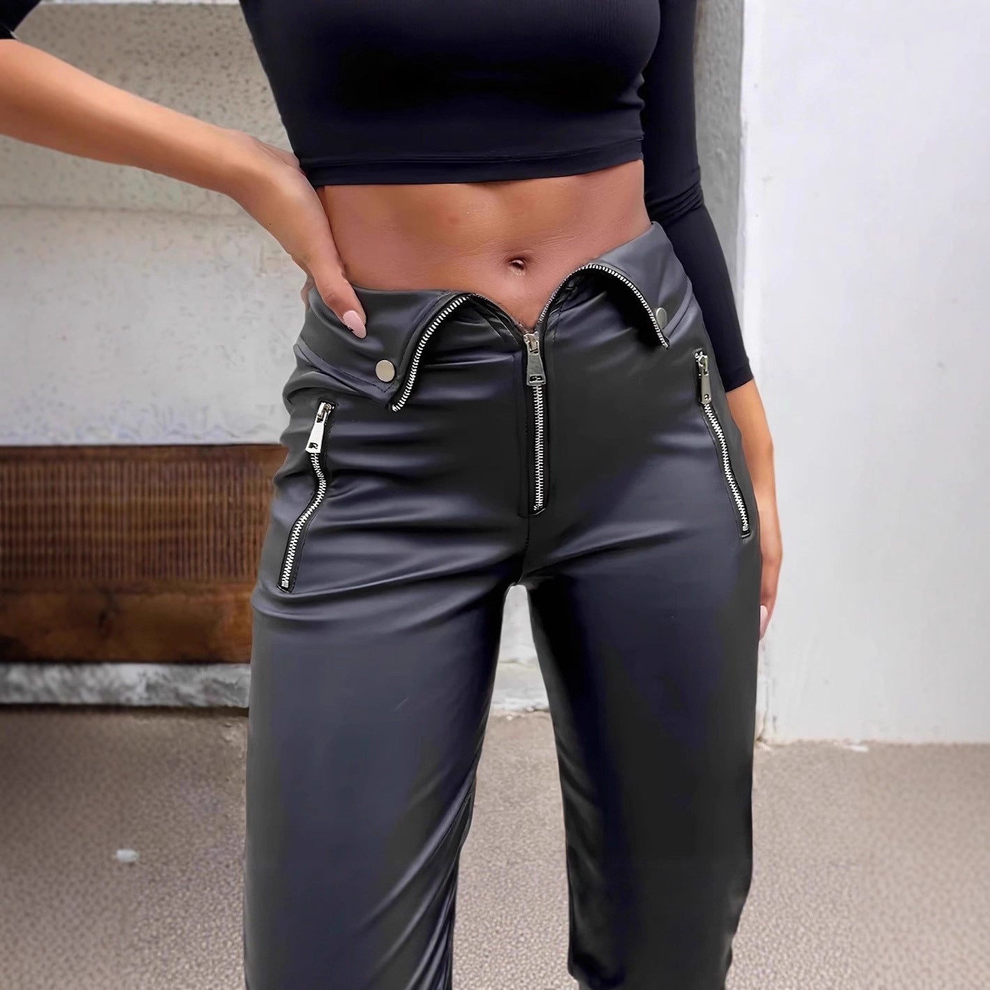 Women's Waist Style Leather Nightclub Metal Zipper Pants