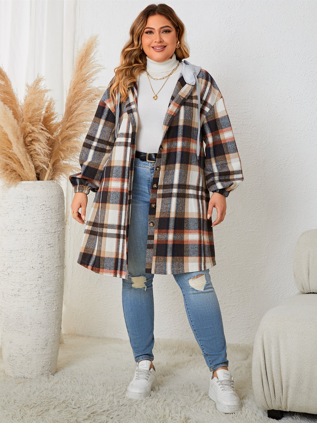 Women's Versatile Slouchy Plaid Hooded Mid-length Coats
