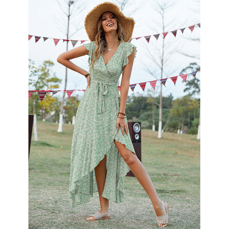 Summer Vacation Rayon Floral Ruffled Sleeve Fishtail Dresses