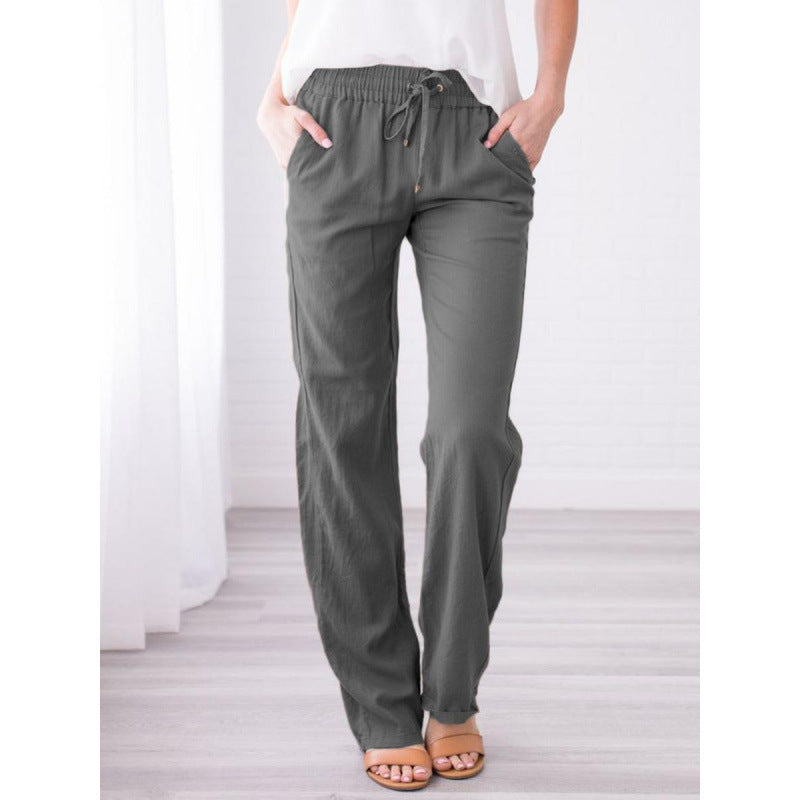 Women's Solid Color Cotton Linen Drawstring Loose Pants