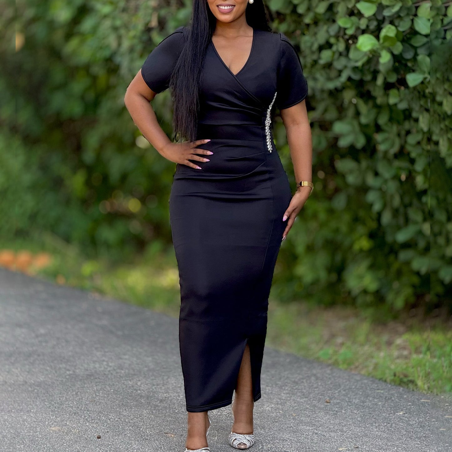 Women's Elegant V Banquet Long Dress Rhinestone Dresses