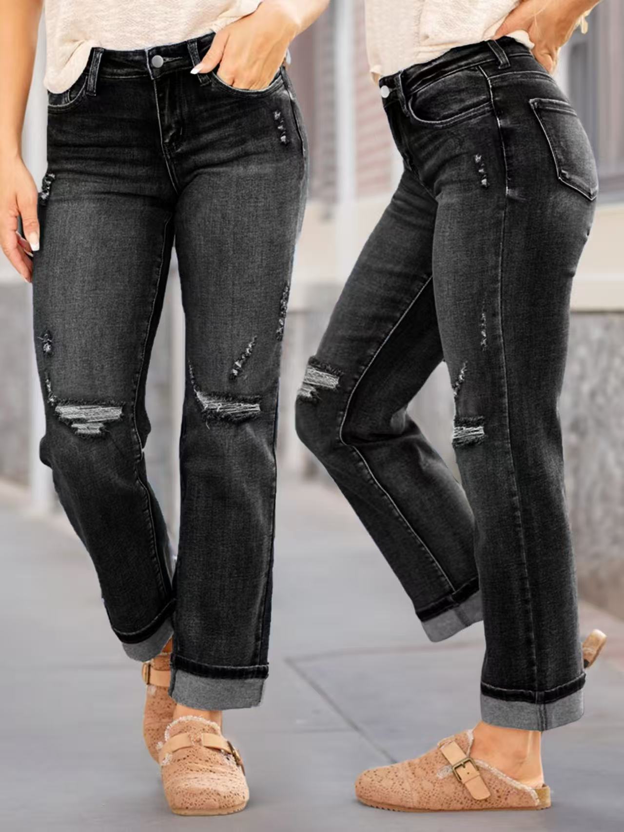 Women's Comfortable Ripped Elastic Straight Denim Trousers Jeans