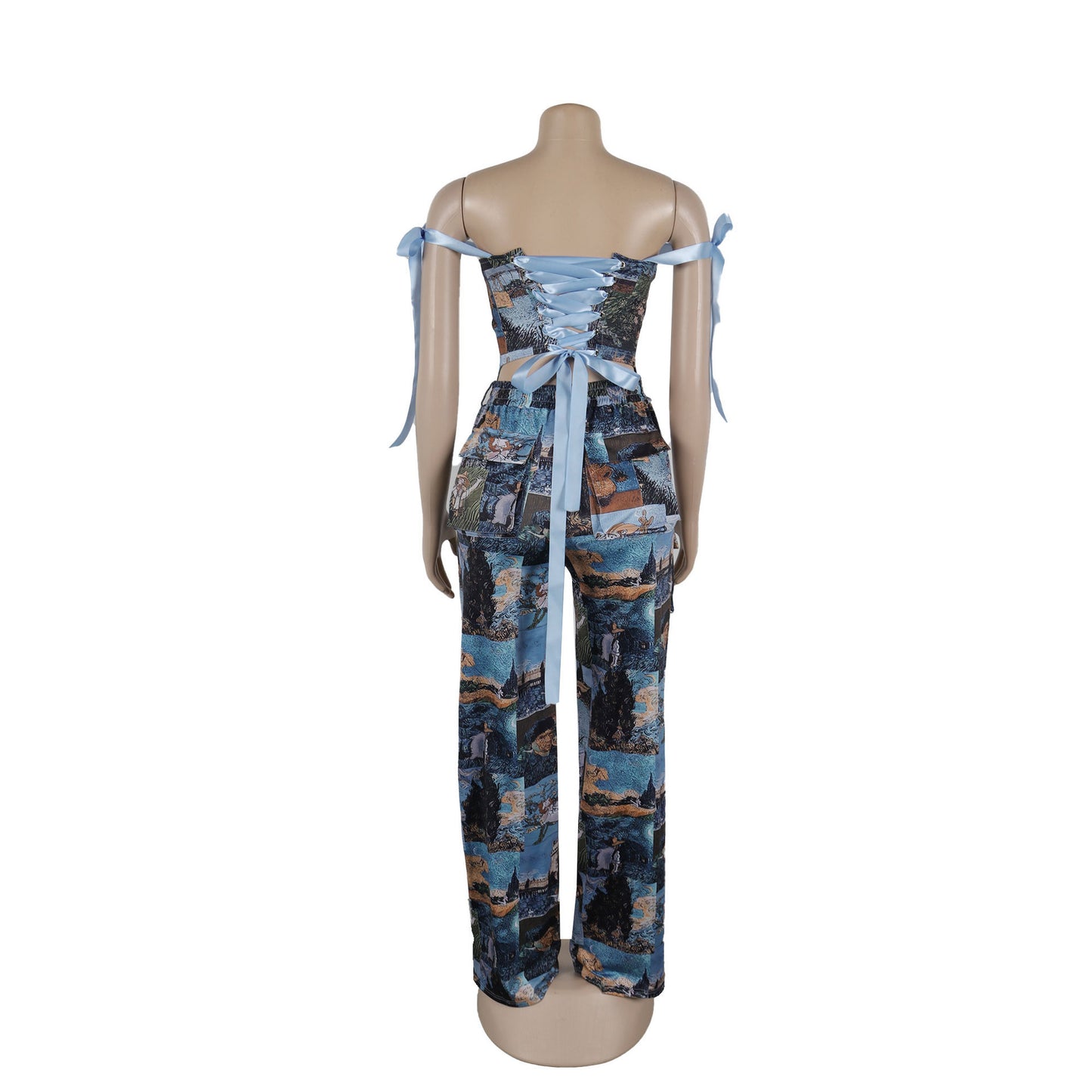 Women's Sexy Print Backless Lace Up Two-piece Suits