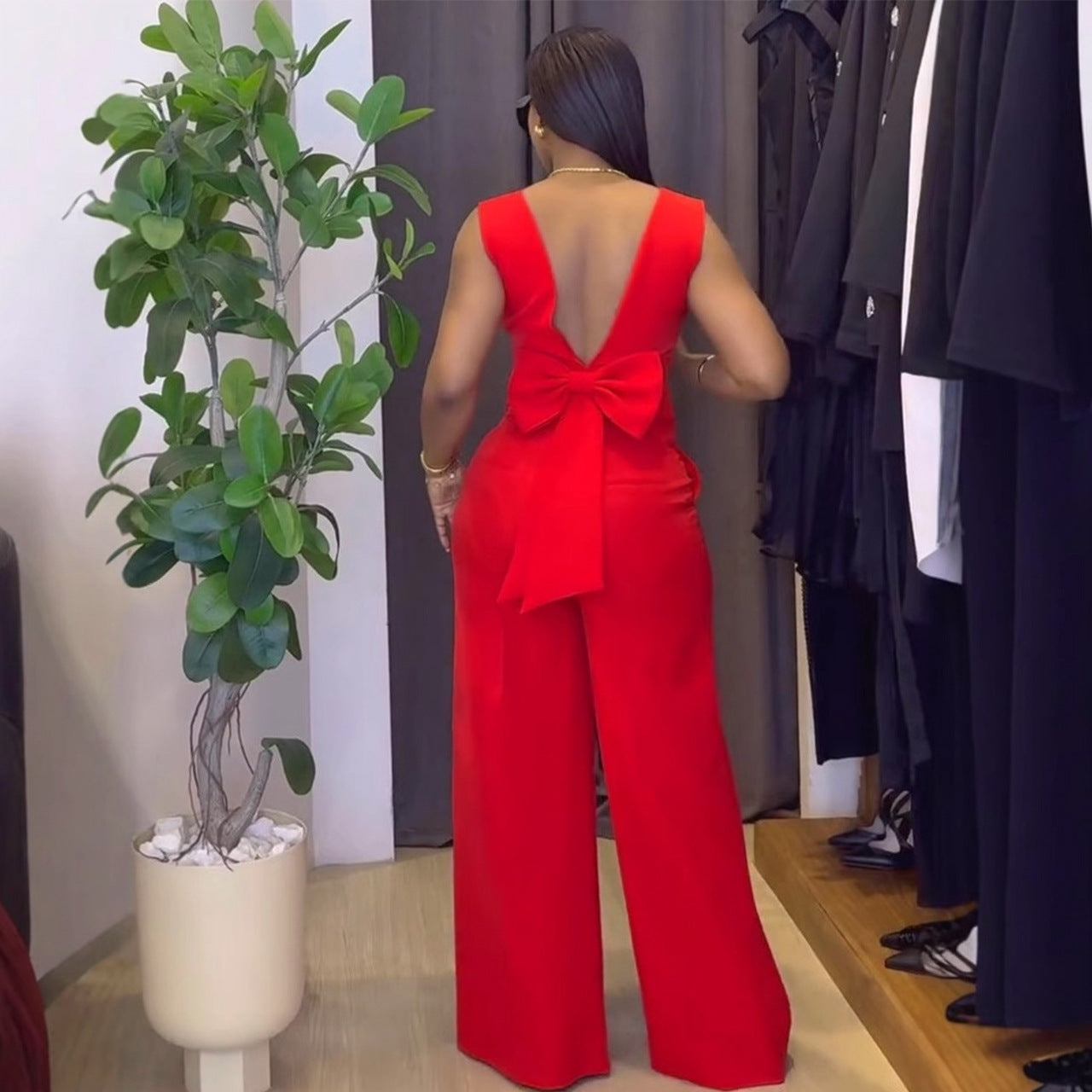 Elegant Knitted Stretch Backless Bow Decorative Jumpsuits