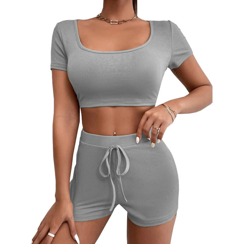 Women's Summer Solid Color Navel Square Collar Suits