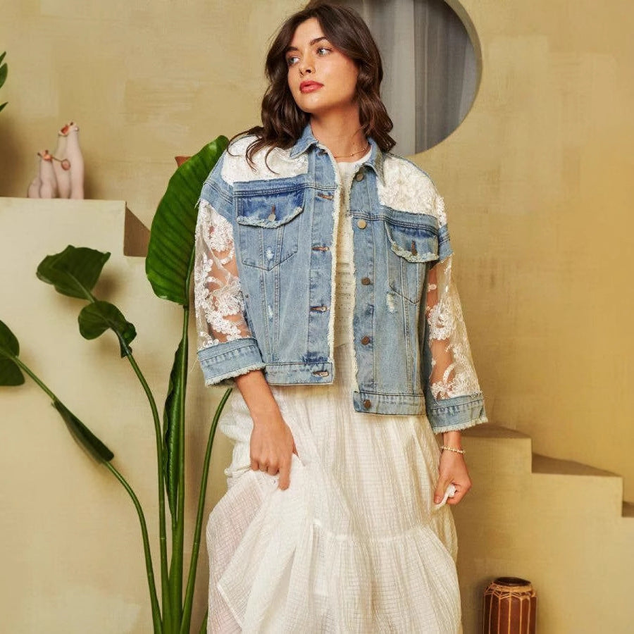 Women's Russian Ripped Mesh Patchwork Denim Jackets