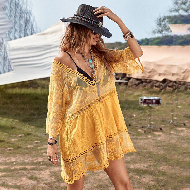 Lace Beach Dress Solid Color Seaside Dresses