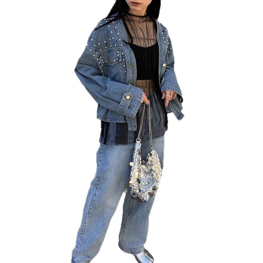 Women's Russian Diamond Beaded Loose Denim Long-sleeved Jackets