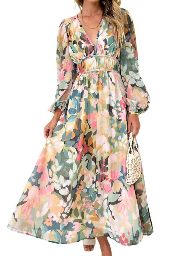 Women's Bohemian Style Deep V Printed High Waist Dresses