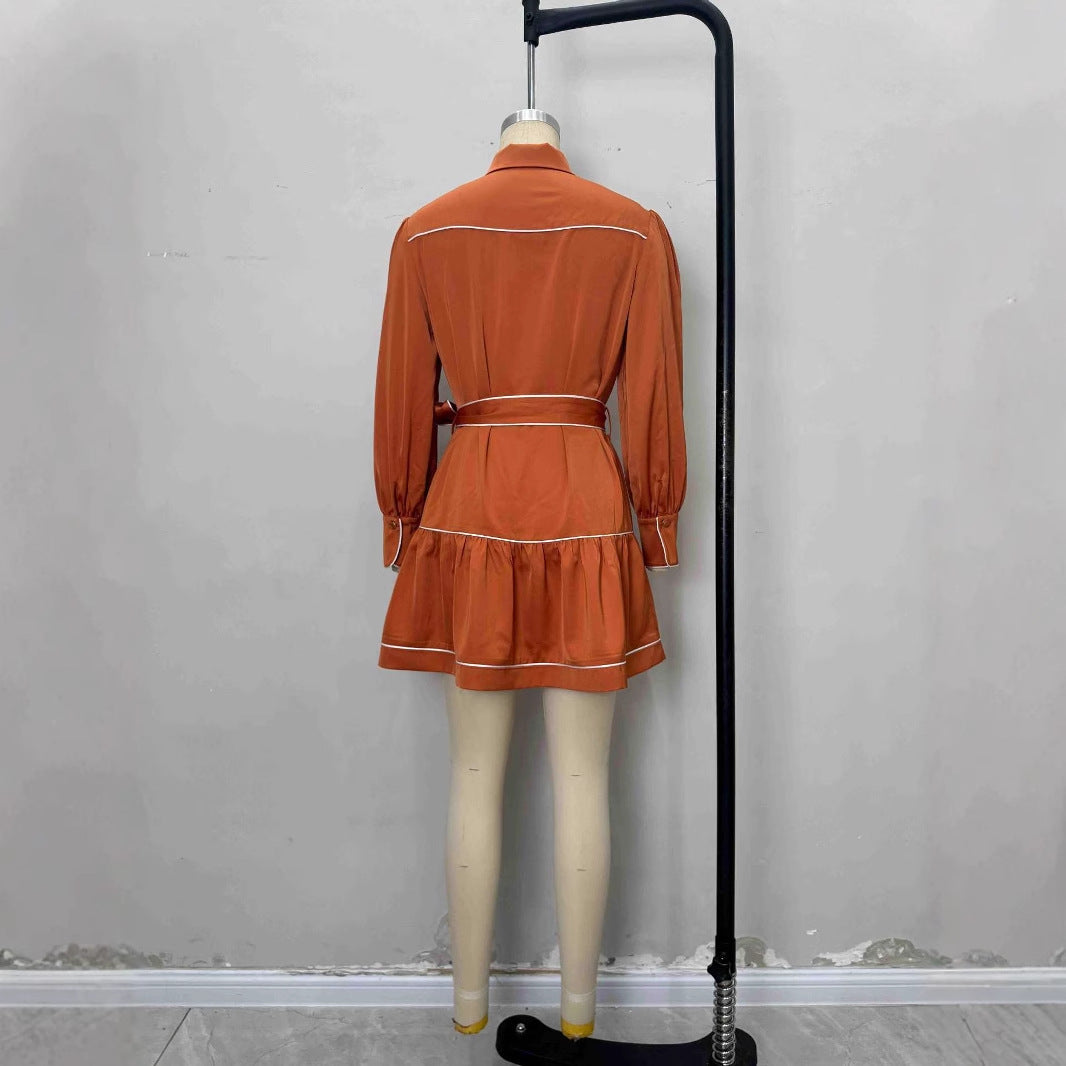 Fashionable Caramel Contrast Color Decorative Belt Dresses