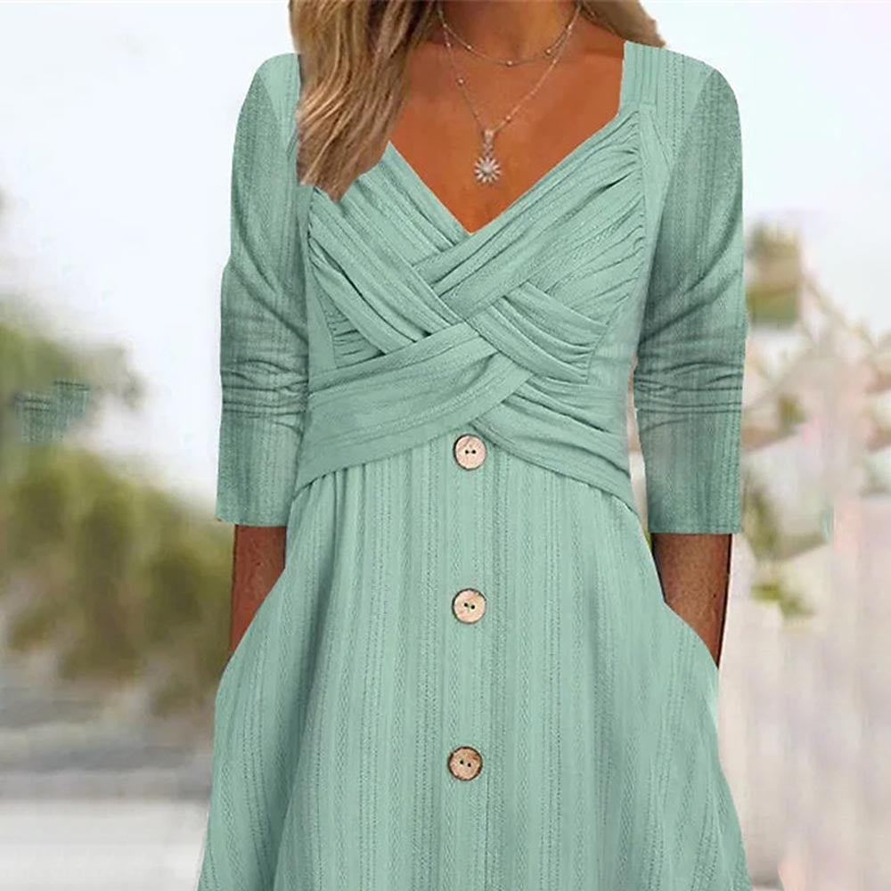 Women's Color Long Sleeve Cross Button Casual Dresses