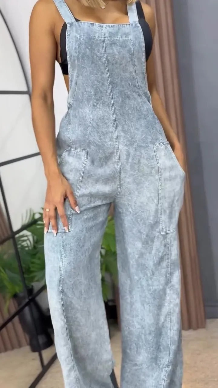 Women's Fashion Wash Denim Suspender Pocket One-piece Jeans