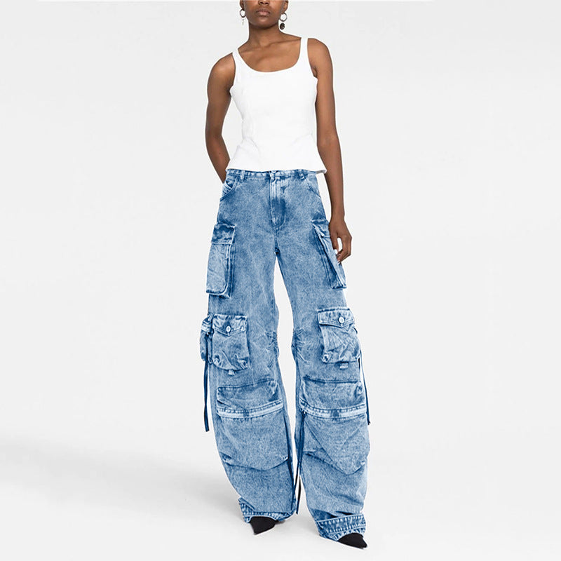 Women's Gray Stitching Cargo Street Washed Worn Pants