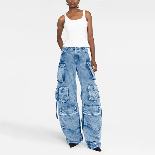 Women's Gray Stitching Cargo Street Washed Worn Pants