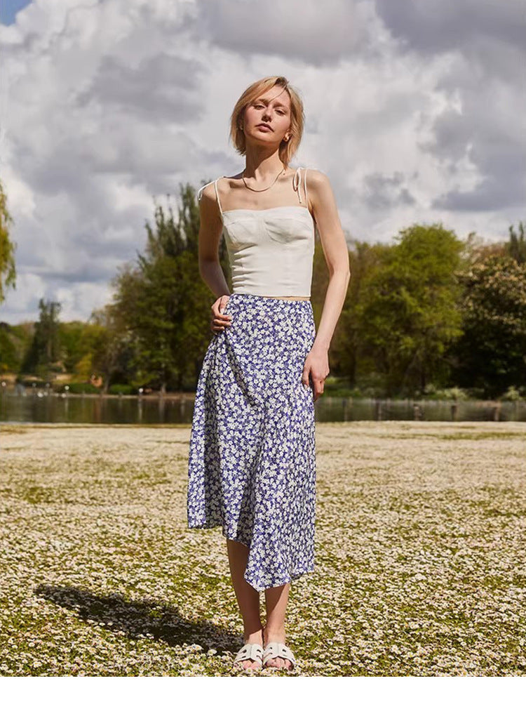Blue Floral Silk Casual Irregular Design Skirts