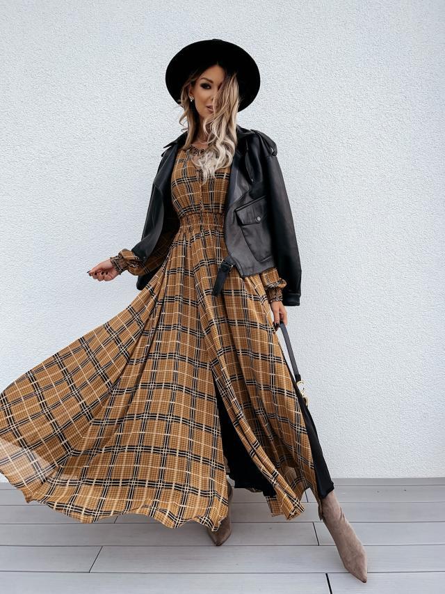 Printed Checks Long Sleeve Waist Slit Dress