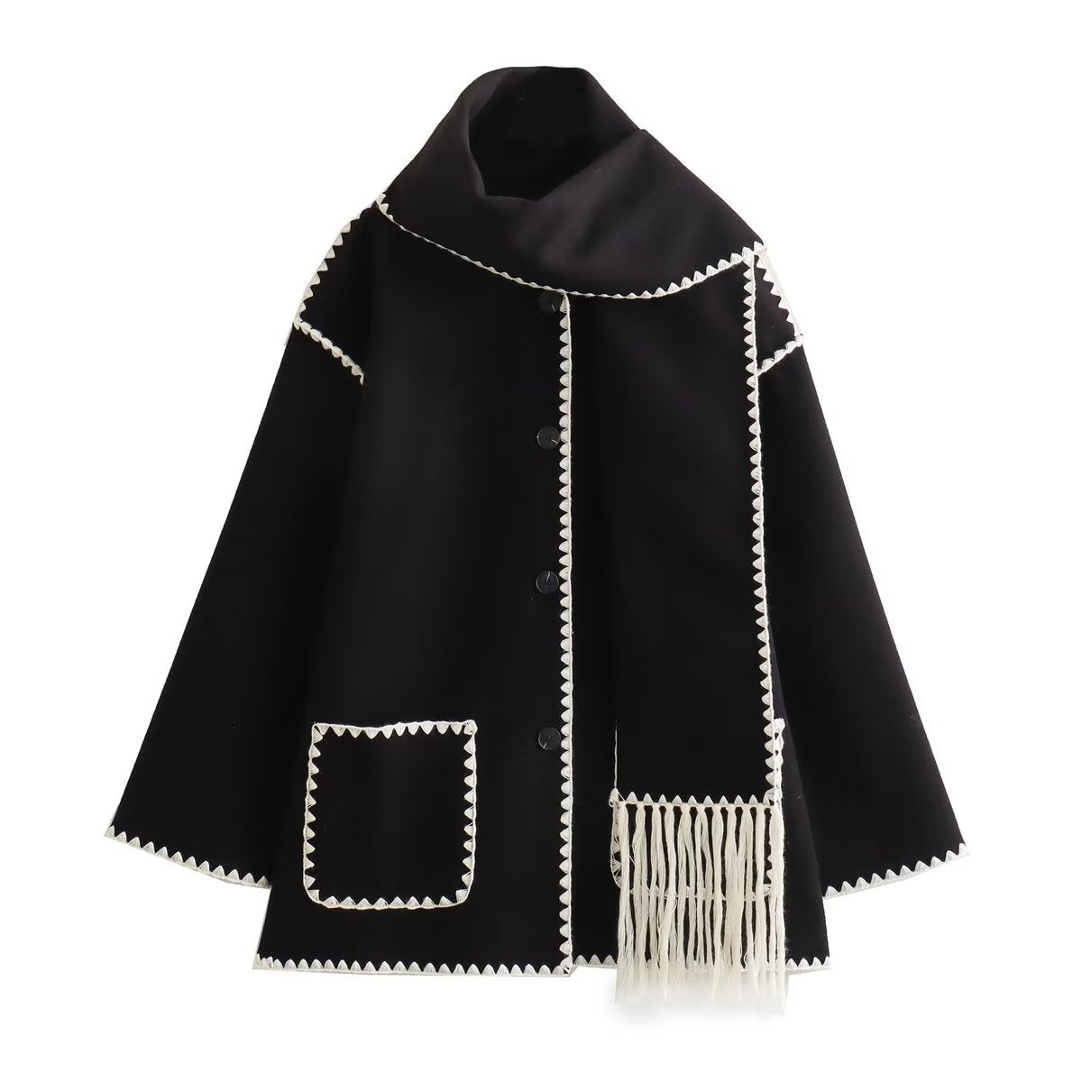 Women's French Fashion Single-breasted Tassel Scarf Stitching Coats