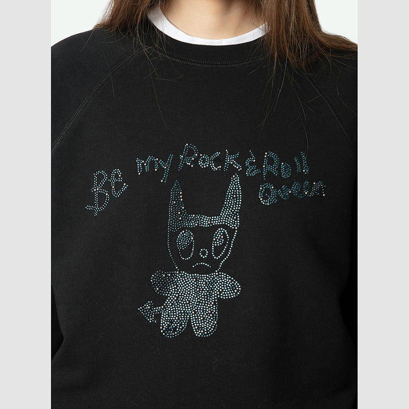 Women's Classic Little Monster Rhinestone Black Raglan Sweaters