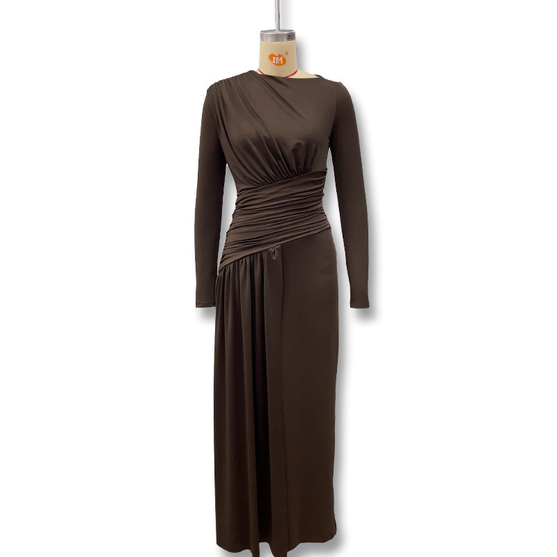 Women's Color Round Neck Asymmetric Fold Slim Fit Dress