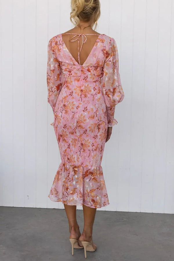 Women's Autumn Elegant Elastic Waist Long Sleeve Print Dresses
