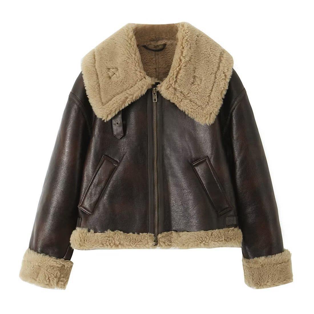Women's Autumn Fur Collar Thickened Integrated Leather Clothing